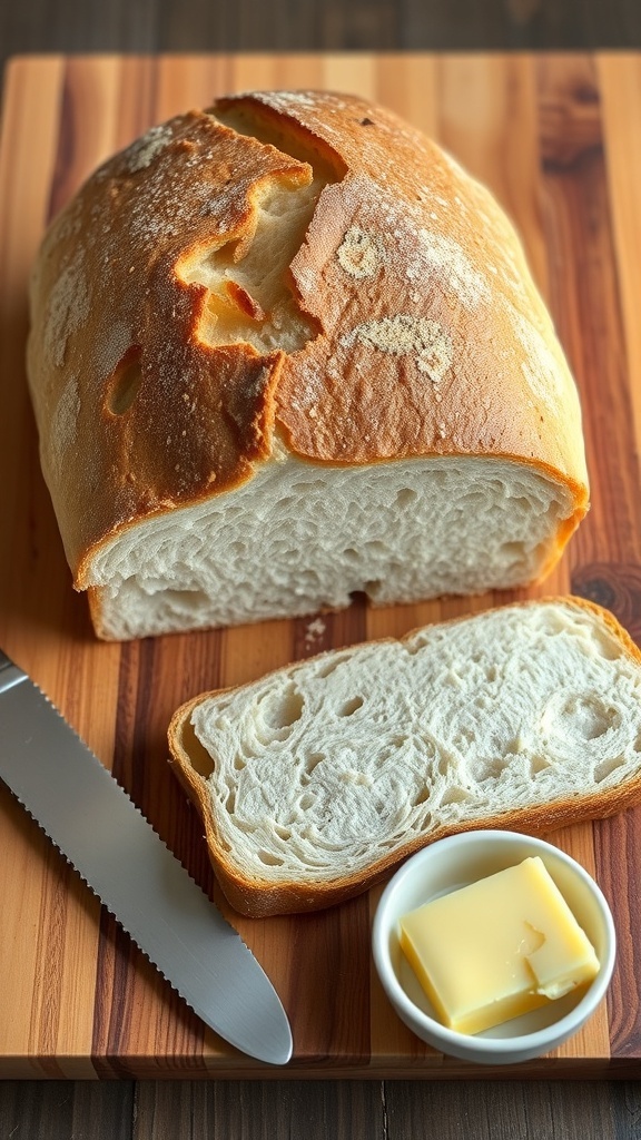 Quick Sourdough Bread Recipe A golden-brown crusty loaf of sourdough bread on a wooden board with a knife and butter.